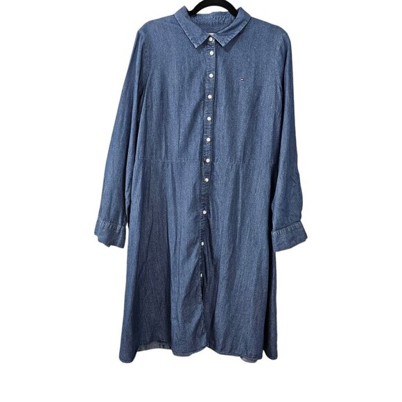 Tommy Hilfiger Long Sleeve Chambray Button Front Knee Length Shirt Dress - Picture 1 of 7